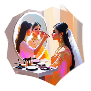 A makeup artist with medium skin tone and long dark hair is applying the final touches to a bride's elegant traditional makeup. The bride has a radiant complexion and is wearing a beautifully embroidered traditional dress in rich colors. The makeup artist is delicately applying highlighter to the bride’s cheekbones with a brush. Surrounding them are various makeup tools, including brushes, palettes, and a mirror reflecting the scene. The atmosphere is filled with soft, warm light, highlighting the details of the bride's intricate jewelry and the artistry of the makeup application.