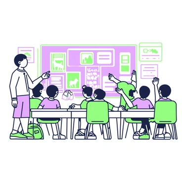 A classroom filled with students seated at their desks. On the front wall, there is a large screen displaying a video with images related to rabies and animal safety. The students are focused, with some leaning forward in their seats and others raising their hands to ask questions. The teacher stands at the front, pointing towards the screen, wearing casual clothes and glasses. In the background, educational posters about animals and health are visible on the walls. A few backpacks are placed on the floor beside the desks.