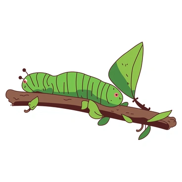 A green caterpillar with distinct stripes is crawling along a brown bean stem. The stem has small green leaves sprouting from it, gently curling around the caterpillar. The caterpillar is gazing ahead with its tiny eyes, exploring the numerous textured surfaces of the stem. Sunlight casts soft shadows on the leaves, creating a contrast against the vibrant colors of the caterpillar and the stem.