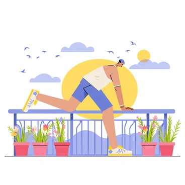 A person in workout clothes stretching on a balcony. The balcony features a wrought iron railing and potted plants with colorful flowers. In the background, a clear blue morning sky is visible, filled with several birds in flight. The sun is rising, casting a warm glow over the scene, highlighting the person's form and the vibrant colors of the flowers.