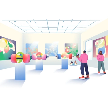 A surreal art museum is shown with an expansive, bright white interior. In the center, there are several barbell sculptures displayed on pedestals. One sculpture features a barbell with large, colorful geometric shapes instead of weights, while another has weights that resemble fruit. The walls of the museum are adorned with abstract paintings that feature swirling colors and distorted forms. Large windows let in soft, natural light, creating interesting shadows on the polished floor. Visitors are meandering through the space, gazing curiously at the unusual sculptures.