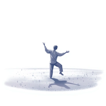 A person performing qi gong in a vast open field. The individual is standing with arms raised and palms facing outward, demonstrating fluid movements that reflect balance and focus. The expansive field surrounds them, dotted with gentle grassy tufts that sway slightly in the breeze. The sky above is clear, with no clouds, creating a sense of openness and tranquility. The sun casts soft shadows, emphasizing the person's posture and the contours of the landscape.