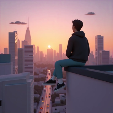 A solitary figure, dressed in a dark hoodie and jeans, sits on the edge of a rooftop. The person's legs dangle over the side, creating a sense of calm in the evening air. The cityscape below is filled with towering skyscrapers, their windows reflecting the warm hues of the setting sun. The sky transitions from bright orange to deep purple as dusk falls, with a few scattered clouds catching the last rays of light. Small cars and bustling streets are visible, hinting at the life below, while the figure gazes thoughtfully into the distance.