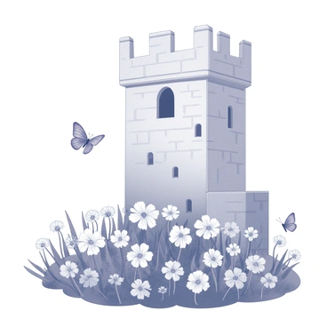 A detailed garden situated at the base of a tall tower reminiscent of Rapunzel's dwelling. The garden is filled with a variety of flowers, each flower featuring intricate petals and distinct shapes. There are numerous butterflies fluttering above the flowers, showcasing their delicate wings and intricate patterns. The tower rises prominently in the background, with its stone walls and a window at the top. The scene captures the harmony between the natural beauty of the garden and the imposing structure of the tower.