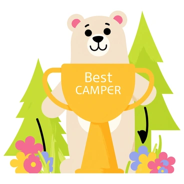 A cartoon bear with a cheerful expression stands upright, showcasing a wide smile. The bear has a light brown fur coat and small rounded ears. In its paws, it proudly holds a shiny gold trophy that has "Best Camper" engraved on the front in bold letters. The bear is surrounded by a vibrant green forest with tall trees and colorful flowers in the foreground, creating a joyful outdoor camping atmosphere.