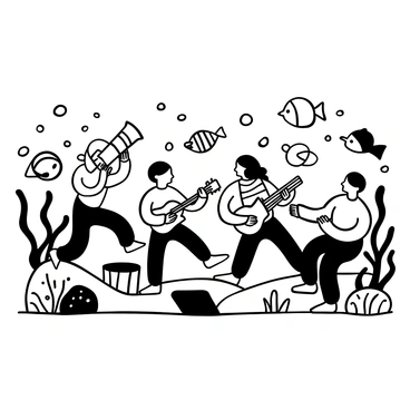 An orchestra of various sea creatures performing underwater. A large octopus plays a trumpet made of a colorful plastic bottle, while a group of fish swims around holding instruments crafted from discarded plastic items. A sea turtle strums a guitar made from a plastic lid, and a dolphin is conducting the ensemble with a baton made of a straw. There are bubbles rising around them, and coral formations serve as a stage backdrop. The scene emphasizes the creativity of marine life using recycled materials for music.