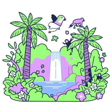 A lush rainforest scene teeming with diverse plant and animal species. In the foreground, there are tall palm trees with broad fronds, surrounded by various ferns and vibrant flowering plants. Several butterflies in different sizes and patterns are fluttering among the foliage. A small troop of monkeys can be seen playing in the branches above. In the background, a cascading waterfall flows into a clear pool, with rocks covered in moss and lichen. Birds are perched on branches, and a colorful parrot is flying overhead. The entire scene is rich in detail, showcasing the complexity and beauty of the rainforest ecosystem.