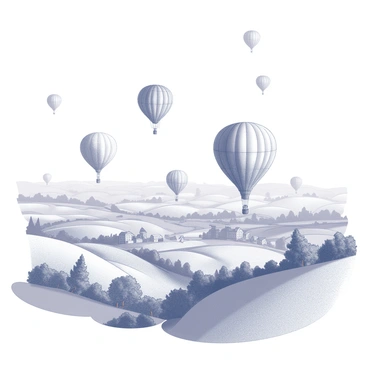 An aerial view featuring a cluster of hot air balloons in various shapes and sizes, gently floating above a detailed landscape. Below, rolling hills are visible, dotted with trees and patches of grass. The scene also includes winding rivers and small clusters of buildings, suggesting a quaint village or farmsteads in the distance. The sky is clear and expansive, providing an unobstructed view of the balloons as they rise into the atmosphere.