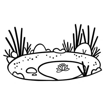 A zen garden featuring a meticulously raked sand surface with smooth pebbles arranged in patterns. In the center, there is a pond with clear water, reflecting the surrounding elements. A single lotus flower is floating on the surface of the pond, surrounded by delicate lily pads. Sparse greenery, such as bamboo and small shrubs, frames the garden, creating a tranquil atmosphere.