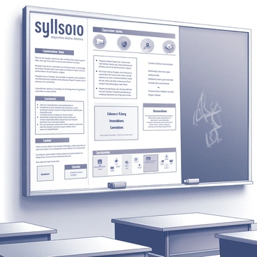 A large poster of a syllabus is displayed on a classroom wall. The poster features a clear layout, outlining the course topics and important dates. The wall itself has a textured appearance, and the poster is prominently positioned at eye level. It includes various sections that provide information about assignments, classroom rules, and contact details for the instructor. There are illustrations and icons that represent different subjects, enhancing the overall organization of the syllabus. The classroom setting has wooden desks arranged in rows, and there is a chalkboard visible in the background, complementing the educational environment.