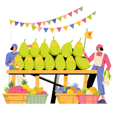 A bustling tropical market stall with a wooden table covered in a vibrant array of ripe jackfruits stacked high. The jackfruits are large, oval-shaped with a green, spiky exterior, some displaying golden yellow patches indicating ripeness. Surrounding the stall are colorful baskets filled with assorted tropical fruits such as bananas, pineapples, and mangos. Shoppers can be seen interacting with a vendor, who is enthusiastically pointing to the jackfruits. Brightly colored fabric banners flutter overhead in the tropical breeze.