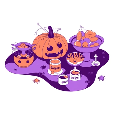 A duotone orange and purple Halloween-themed table is covered with various sweets and treats. There are colorful candy bowls filled with gummy worms, chocolate-covered pretzels, and candy corn. Several small containers are labeled with "poison" in playful, spooky font. A decorative pumpkin sits in the center of the table, with carved faces that add to the festive atmosphere. Cobwebs are draped around the edges of the table, and small plastic spiders are scattered among the treats.