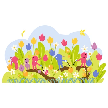 A colorful garden filled with a variety of flowers in vibrant hues. Different kinds of Pikmin are present, each engaging in activities related to tending the flowers. Red Pikmin are watering the plants with small watering cans, while blue Pikmin are planting new seeds in the soil. Yellow Pikmin are using tiny tools to trim the leaves of the flowers. The sky above is a clear blue, illuminating the cheerful scene. Small butterflies flutter around, adding an extra touch of liveliness to the garden.