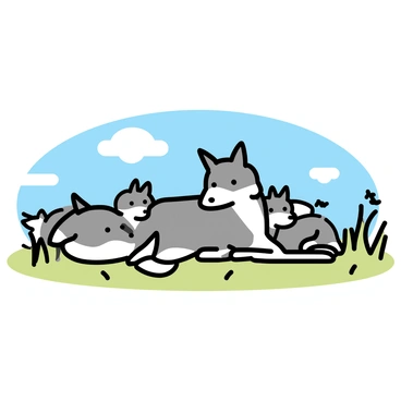 A family of grey wolves is lying together in a meadow. The wolves are positioned closely, their fur glistening in the sunlight. The meadow features tall, green grass, dotted with small wildflowers. The scene includes several wolves, with one large wolf at the center, surrounded by smaller wolves. The sky above is clear and blue, completing this tranquil setting.