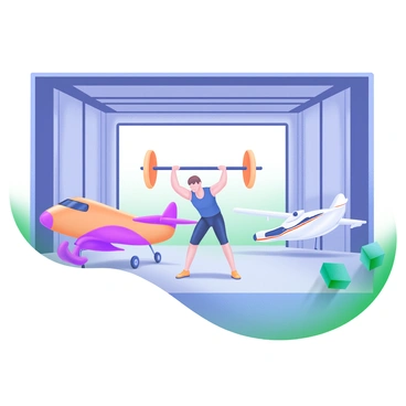 A modern pastel illustration depicting a spacious aircraft hangar with high ceilings and large, open doors. In the center, a person is performing the "Pallof press" exercise, demonstrating strong posture and focus. The individual is wearing athletic clothing, showcasing determination and strength. Around them, various aircraft are parked, with sleek designs and bright colors. The hangar's concrete floor is smooth and clean, while soft natural light filters through the hangar doors, illuminating the scene.