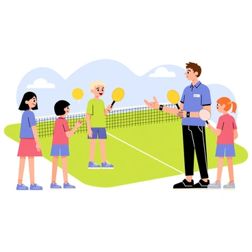 A coach with short brown hair wearing a blue polo shirt is demonstrating a pickleball serve to a group of young players. The players, four in total, are standing on a green court, holding their paddles and looking attentively. One player is a girl with long black hair, another is a boy with curly blonde hair, and the other two are a boy with straight brown hair and a girl with red pigtails. The background features a net separating the court and a bright blue sky overhead, emphasizing the sunny day. The coach is using hand gestures to explain the technique, while the players are focused and ready to practice.
