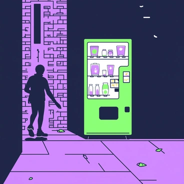 A vending machine stands in a dimly lit alleyway at night. The machine is glowing with bright light, illuminating the surroundings. It is filled with various snacks and drinks, each item clearly visible behind the glass front. The alleyway is lined with weathered brick walls, and a few scattered pieces of litter are on the ground. A faint shadow of a person can be seen approaching the vending machine, enhancing the sense of loneliness in the scene. The dark sky is barely visible above, hinting at the late hour.