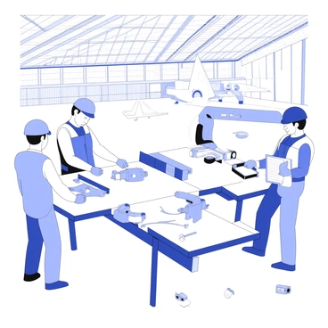 Technicians are examining various aircraft components within a large hangar. They are wearing safety gear, including helmets and gloves, while inspecting the parts laid out on workbenches. One technician is using a diagnostic tool on an engine component, while another is reviewing a checklist on a clipboard. The hangar is filled with large overhead lights, and there are several aircraft parked in the background. The atmosphere is busy, with tools and equipment scattered around the workspace.