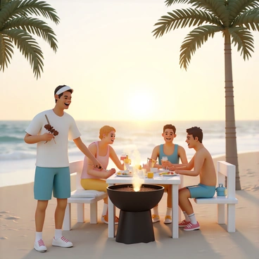 Roger Federer sharing a fun moment with his friends at a beach barbecue.