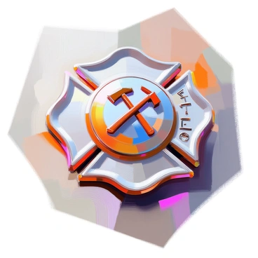 A close-up view of a shiny firefighter badge displaying intricate details. The badge features a polished silver surface, reflecting light beautifully. It includes a prominent emblem in the center depicting a fire hose and an axe crossed over each other. Surrounding the emblem are ornate engravings and filigree work, highlighting the craftsmanship. The edges of the badge are slightly curved, adding depth to the composition. The background is softly blurred, ensuring the badge remains the focal point of the image.