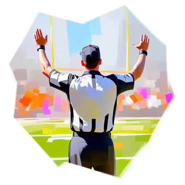 A referee standing in the end zone, signaling a touchdown with excitement and focus.