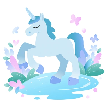 A magical pony with a shimmering coat is standing beside a sparkling lake. The pony has a long, flowing mane, and a prominent unicorn horn glistens atop its head. The water of the lake reflects the vibrant colors of the surrounding landscape, with gentle ripples distorting the reflections. Lush greenery and colorful flowers frame the scene, enhancing the enchanting atmosphere. A few butterflies flutter nearby, adding to the whimsical setting.