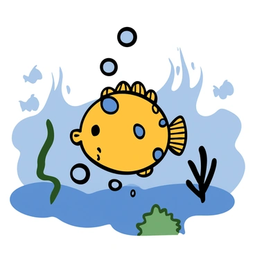 A puffer fish with a round body and spiky texture is emerging in a hazy underwater environment. The fish has vibrant yellow and blue patterns on its skin. Bubbles are rising around it, and the surrounding water is a mix of soft blues and greens, creating a foggy effect. Silhouettes of coral and small fish can be seen faintly in the background, enhancing the mysterious atmosphere of the scene.