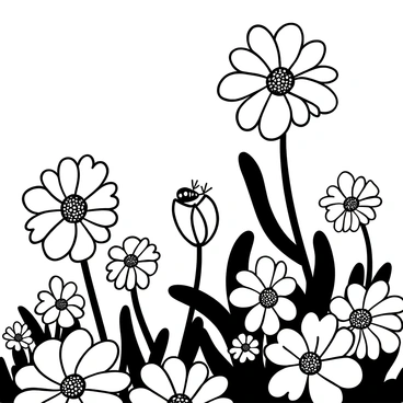A close-up perspective showing "towering calendula flowers" with large, detailed petals reaching high above. The flowers are surrounded by lush green foliage, with various leaves positioned throughout the scene. In the foreground, an insect is perched on a flower, its body detailed and textured, emphasizing its small size compared to the flowers. The background is filled with more calendula flowers, creating a sense of depth and abundance in the garden.
