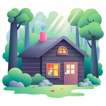 A cozy wood cabin with a rustic design is nestled deep within a dense forest. The cabin is constructed from dark timber, blending harmoniously with the surrounding trees. Smoke is curling gently from the chimney, suggesting a warm fire inside. Lush green foliage surrounds the cabin, with towering trees providing a natural canopy overhead. The ground is covered in a carpet of soft moss and fallen leaves, creating a serene atmosphere. Sunlight filters through the branches, casting dappled shadows on the cabin's exterior.