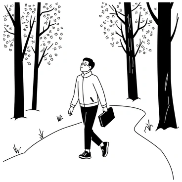 A person walking along a winding path in a dense forest, surrounded by tall trees with detailed bark textures and intricate branches. The individual is wearing a light jacket and sturdy shoes, with a briefcase held in their right hand. They are gazing upwards at the foliage, with a look of appreciation on their face. Sunlight is filtering through the leaves, casting intricate shadows on the ground. Small details like fallen leaves and twigs are scattered along the path.