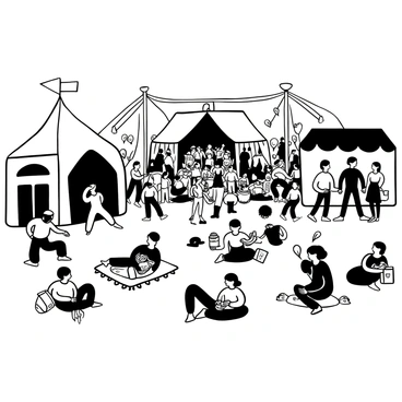 An outdoor festival scene filled with large tents and booths, showcasing various activities and attractions. One section of the crowd is engaged in a lively dance, with participants wearing distinct clothing that symbolizes their fraction of attendance. Another area displays people sitting on blankets, sharing food and drinks, with a few individuals playing musical instruments. Balloons and banners are visible throughout the festival, adding to the festive atmosphere. In the background, a stage is set up for performances, drawing attention from the crowd.