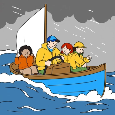 A family of four is inside a small boat navigating through a windy stormy sea. The boat is made of wood with a bright blue hull and is splashing through the choppy waves. The father, wearing a yellow raincoat and a blue cap, is at the helm, gripping the steering wheel tightly. The mother, with light skin and red hair, holds onto her hat with one hand while leaning forward to help navigate. Two children, a boy with curly black hair and a girl with pigtails, are also holding onto their hats, looking both excited and a bit apprehensive. Dark gray clouds fill the sky, and sporadic raindrops are visible in the air, creating a sense of motion and energy in the scene. The boat's sail is flapping wildly in the wind, adding to the dramatic atmosphere.