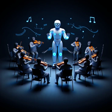 An AI agent with a sleek, metallic humanoid design is conducting a symphony orchestra. The agent has glowing blue accents along its arms and torso, and its face features a smooth, expressionless surface with digital displays. Surrounding the AI are musicians playing virtual instruments, such as violins, flutes, and harps, all displayed in holographic form. The stage is elegantly lit, highlighting the musicians who are focused on their instruments as the conductor guides them with precise gestures. A backdrop of musical notes and waveforms creates a dynamic atmosphere, connecting the physical and digital realms of music creation.