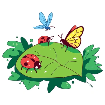 A group of colorful insects is gathered around a large green leaf acting as a table. The insects include a vibrant red ladybug with shiny wings, a bright yellow butterfly with delicate patterns on its wings, and a small blue dragonfly hovering above the table. Each insect appears animated, with their antennae raised as they engage in a lively discussion. Tiny droplets of dew are visible on the leaf, reflecting the sunlight. Surrounding them, lush green foliage creates a vibrant atmosphere filled with the chatter of nature.