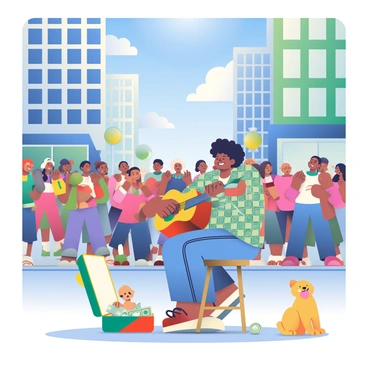 A street musician with dark curly hair is playing an acoustic guitar on a bustling city street. He is wearing a casual, checkered shirt and jeans, sitting on a small wooden stool. A colorful guitar case lies open in front of him, filled with coins and bills. Surrounding him is a cheerful crowd of people of various ethnicities, some dancing and others swaying to the music. In the background, tall buildings with large windows tower over the scene, and the sky is a vibrant blue filled with fluffy white clouds. The atmosphere is lively, with a small dog sitting beside an amused child watching the performance.