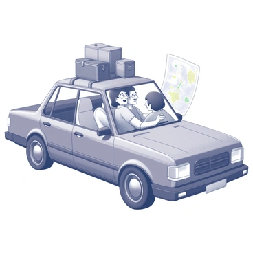 A family of four is sitting inside a car, with the father in the driver's seat and the mother in the passenger seat. The two children are in the back seat, eagerly leaning forward to observe a large map that the father is holding. The car is equipped with luggage strapped securely on the roof, featuring several colorful bags and suitcases. The family members have expressions of excitement and curiosity as they discuss their travel plans, with the mother pointing towards a specific location on the map. The scene captures a moment of togetherness and adventure.