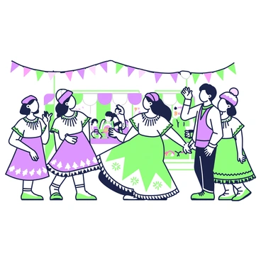 A group of people is celebrating at a cultural festival. They are dressed in traditional costumes, showcasing a variety of intricate patterns and designs. Some individuals are performing traditional dances, while others are engaging in lively conversations. In the background, colorful banners and decorations create a festive atmosphere. Stalls displaying cultural artifacts and local foods are visible, with people interacting and enjoying the vibrant environment.