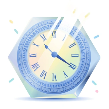 A large crystal shaped like an ornate clock is positioned in the center of the image. The clock features intricate engravings along its edges, with Roman numerals marking the hours. Sunlight passes through the crystal, creating a spectrum of colors that refract across the surrounding surfaces. The background is softly blurred, highlighting the beautiful play of light. Some of the light beams branch off in different directions, illuminating small dust particles in the air. The setting enhances the jewel-like quality of the crystal, making it appear even more striking.
