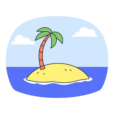 A small island with sandy shores surrounded by a vast blue ocean. In the center of the island stands a lone palm tree with a tall, slender trunk and a canopy of green fronds swaying gently. The sky above is clear with a few fluffy white clouds scattered. The water surrounding the island is a deep blue, reflecting the sunlight. Small waves lap against the shore of the island.