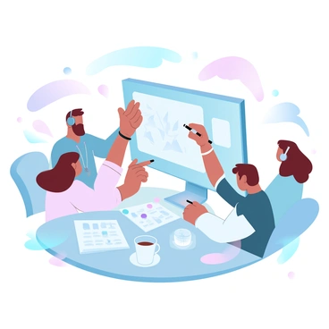 A group of illustrators is gathered around a large digital screen displaying their collaborative project. Each illustrator is from a different country, showcasing diverse styles and techniques. One illustrator, dressed in a traditional outfit, is adjusting the design on the screen, while another, wearing headphones, is sketching ideas on a tablet. Papers and color palettes are spread out on a nearby table, along with coffee cups, reflecting a creative atmosphere. The background features elements representing various cultures, such as flags and artifacts, subtly incorporated into the workspace.