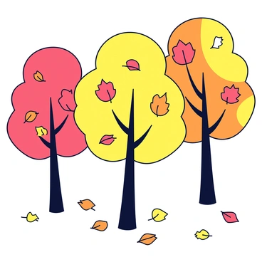 A group of trees with tall trunks and a mix of branches. The trees have vibrant autumn leaves in shades of orange, red, and yellow. Leaves are gently falling from the trees, creating a colorful carpet on the ground beneath. The scene is imbued with a sense of the changing seasons.