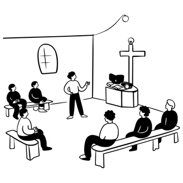 Several inmates sitting on wooden benches in a simple prison chapel. The chapel has plain white walls, with a wooden cross mounted above a small altar. A single light bulb illuminates the room, casting shadows across the floor. An inmate is standing at the altar, gesturing as they speak, while others listen attentively. Some inmates are holding small hymn books, and there are a few simple wooden pews arranged in a semi-circle. A large barred window lets in faint light, highlighting the stark conditions of the space.