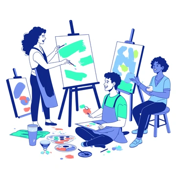 Three friends are gathered in a bright studio, engaging in a creative art session. One friend, a woman with curly hair, is standing at an easel, painting vibrant strokes on a large canvas with teal paint. Another friend, a man wearing a blue apron, is sitting on the floor surrounded by open paint tubes and brushes, mixing colors on a palette. The third friend, a woman with short hair, is sitting on a stool, holding a brush dipped in orange paint, smiling as she adds details to her own canvas. The studio is filled with various canvases leaning against the walls, and splatters of paint are visible on the wooden floor, creating a lively and colorful atmosphere.