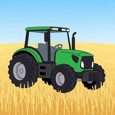 A sleek, modern tractor with a shiny, dark green body and black tires is positioned in the center of a vast field. The tractor has advanced technology features visible on its dashboard, including digital displays and control panels. The sun is shining brightly, illuminating the tractor's smooth contours and reflecting off its surface. Surrounding the tractor is a lush expanse of golden wheat, gently swaying in the breeze. In the background, a clear blue sky stretches across the horizon, adding to the feeling of a warm, sunny day.