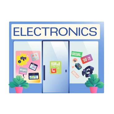 A storefront of an electronics store is prominently displayed. The large glass window features the latest gadgets and devices, including smartphones with sleek designs, tablets with vibrant screens, and smartwatches with various band styles. Bright neon signs highlight special offers, and a colorful poster showcases a new gaming console. The entrance is flanked by potted plants, and the store's name is elegantly displayed above the door in bold letters. The overall atmosphere is inviting and showcases a wide array of modern technology.
