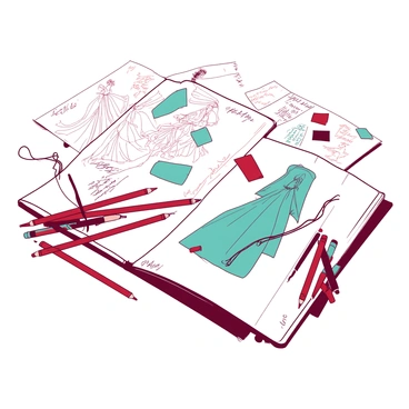 A white designer's desk is covered with a variety of haute couture sketches. The sketches feature elegant gowns in intricate designs, showcasing flowing fabrics and detailed embellishments. There are colorful swatches of fabric scattered among the sketches, providing hints of potential color combinations. A set of colored pencils lies next to the sketches, with several pencils scattered in a mix of red and teal. A fashionable notebook is open, revealing more design ideas and notes jotted down in neat handwriting.