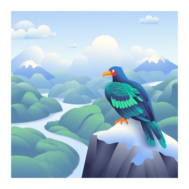 A thunderbird perched on a snow-capped mountain, overlooking the vast landscapes below