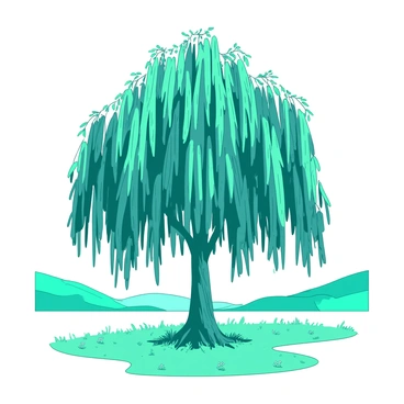 A teal majestic willow tree with long, flowing branches swaying gently in the breeze, is standing prominently in the center of a white tranquil meadow. The branches are adorned with delicate leaves that catch the light, creating a subtle shimmer. The ground around the tree is covered in soft, green grass, dotted with small white wildflowers. In the background, a few distant hills can be seen, adding depth to the scene.
