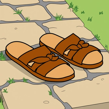A pair of ancient Roman-style sandals made of brown leather, with intricate braided straps and a flat sole. The sandals are positioned at an angle on a weathered stone pathway, showcasing the rough texture of the stones. Surrounding the sandals are small patches of green grass peeking through the cracks in the stones, adding a touch of color to the earthy tones of the pathway. The sunlight casts gentle shadows of the sandals onto the stones, enhancing the details of the footwear.