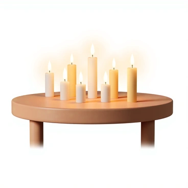 A wooden table, polished to a shine, is set with a cheerful arrangement of eight candles. Seven of the candles are lit, casting a warm, inviting glow across the table. The flames flicker gently, illuminating the surrounding space. Each candle has a different height, arranged in a visually pleasing manner, while a soft, warm light enhances the cozy atmosphere. The eighth candle stands unlit among the others, symbolizing the concept of "8/7." The background is softly blurred, focusing attention on the table and the candles.